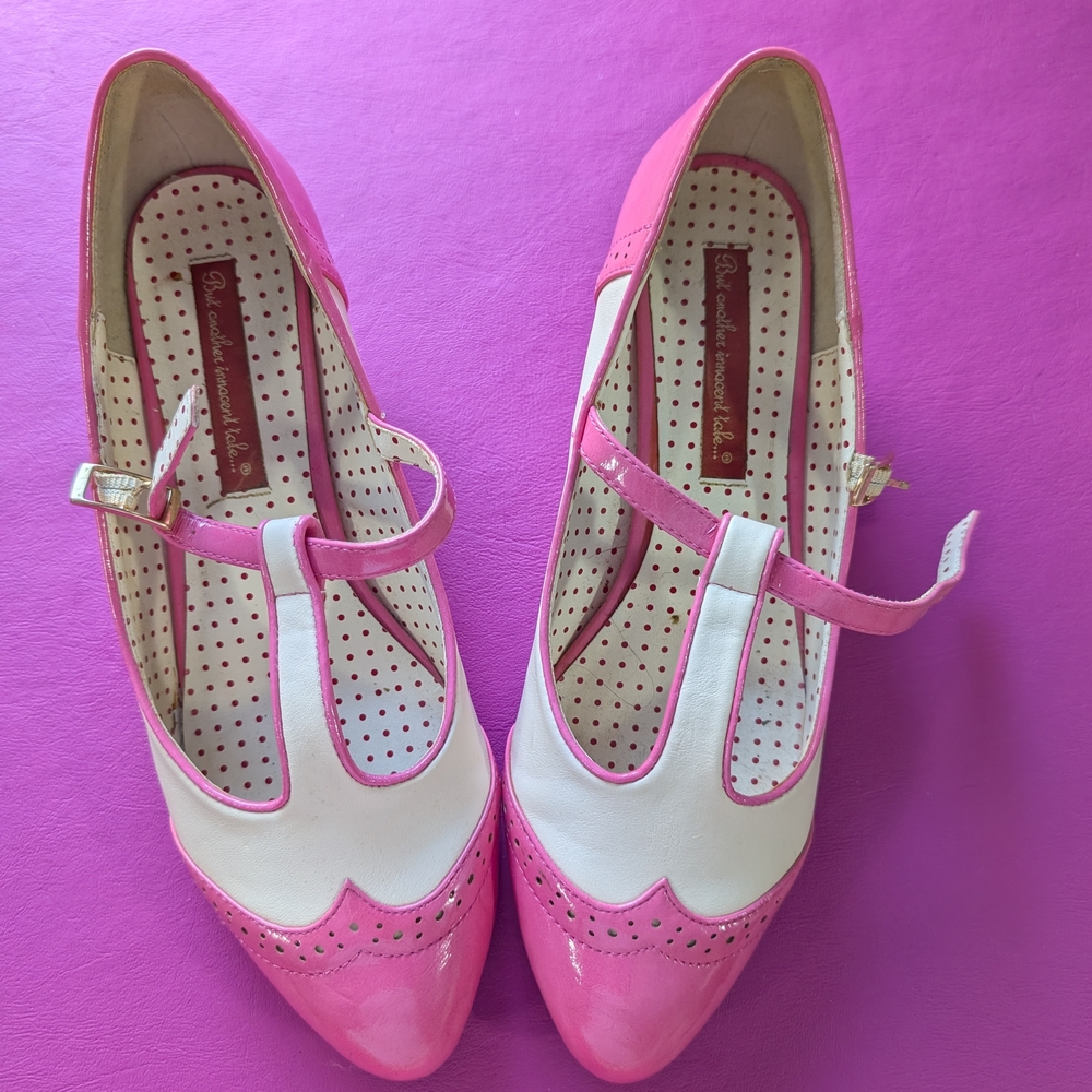 Women's Pink & White T-Strap Mary Jane Flats